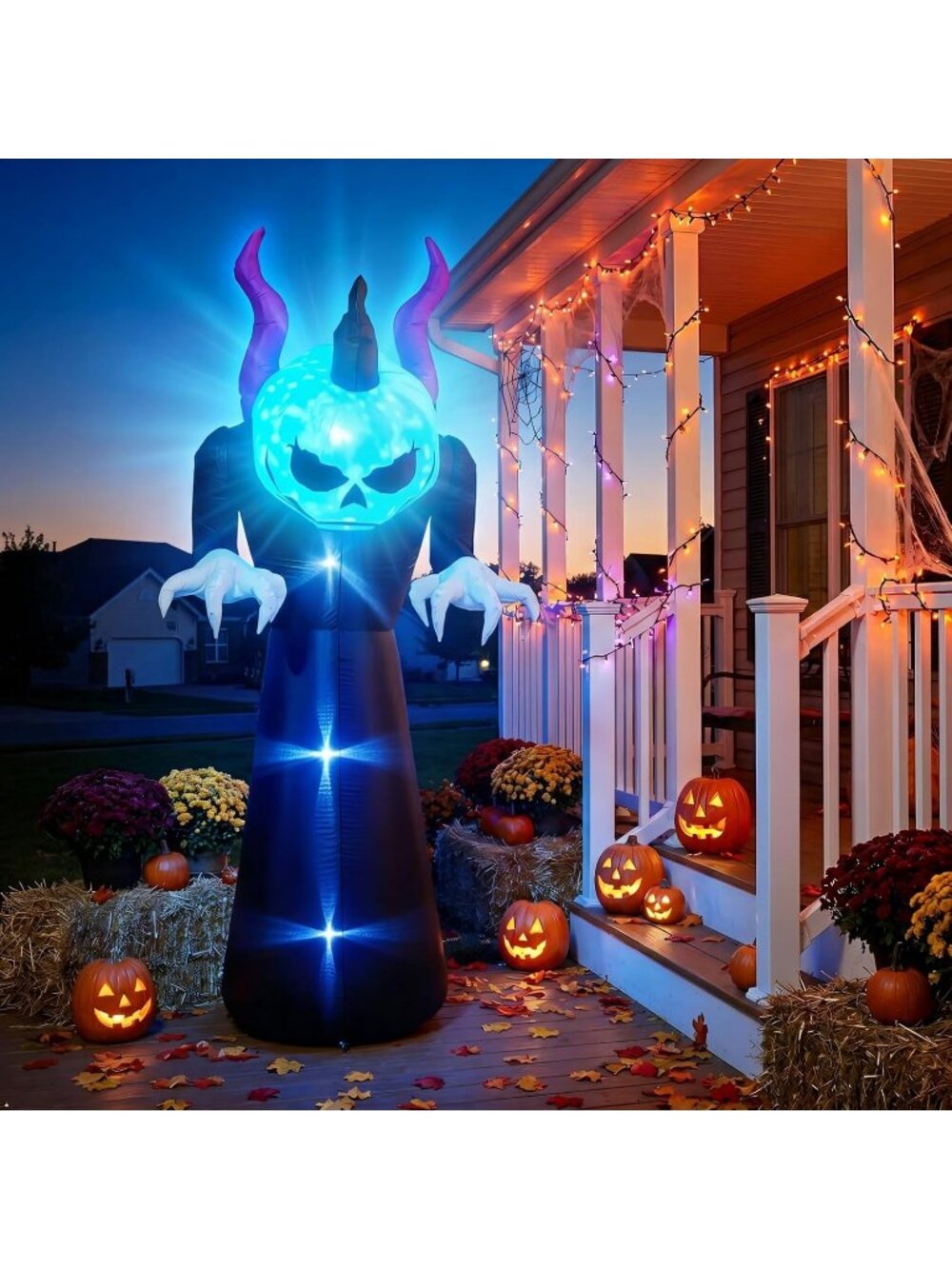 🎃7ft Halloween Inflatable Pumpkin Grim Reaper Rotating Blue LEDs Yard Decor